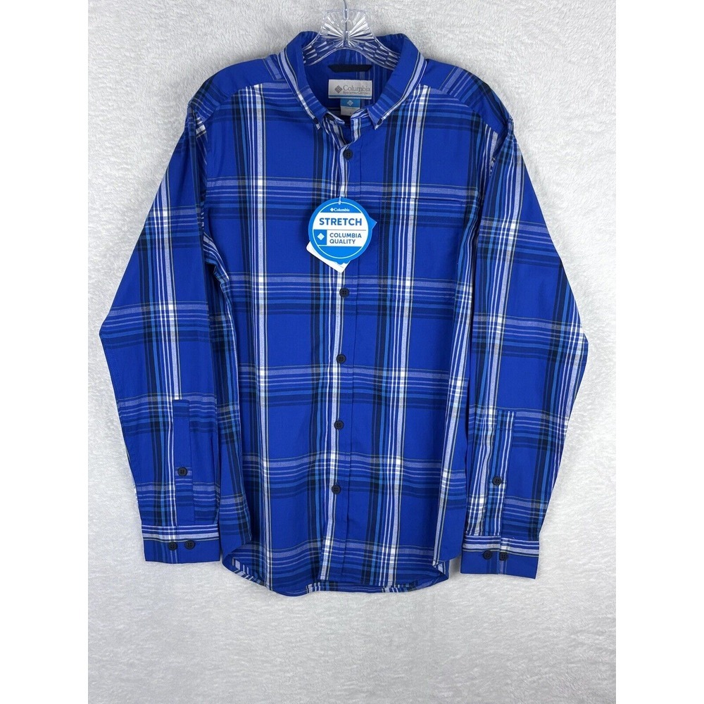NWT Columbia Men's Button Up Shirt Blue Plaid Stretch Size S